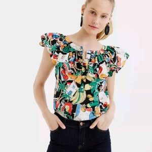 J. Crew Ruffle Top Postcard Print Blouse Cotton Women's 14